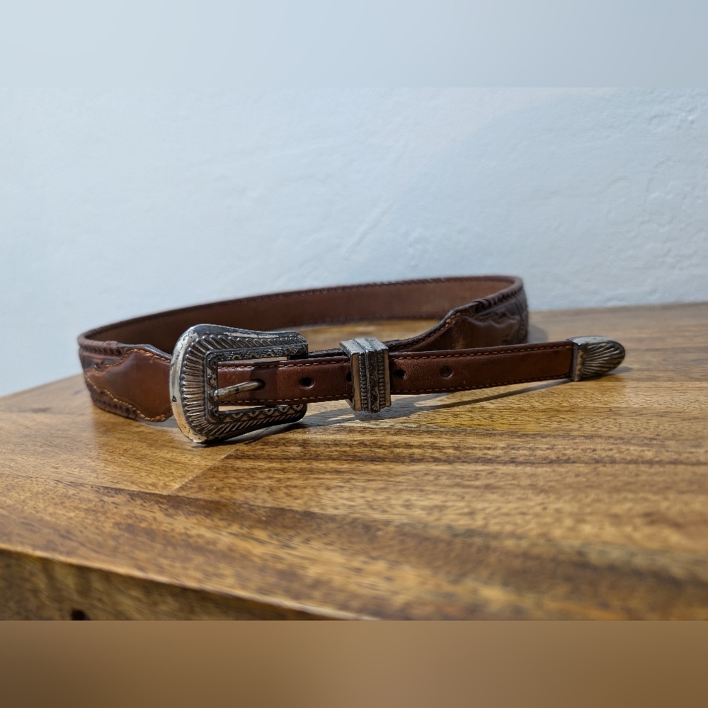 Tony Lama Belt Tooled Brown Leather 76706 women size 36 - Picture 1 of 8